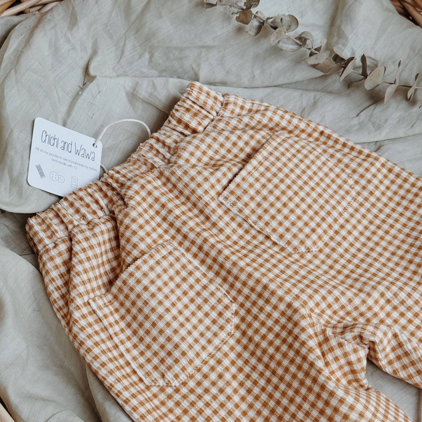12M-8Y Gender-Neutral Thick Corduroy Mini Checkered Pants with Two Back Pockets