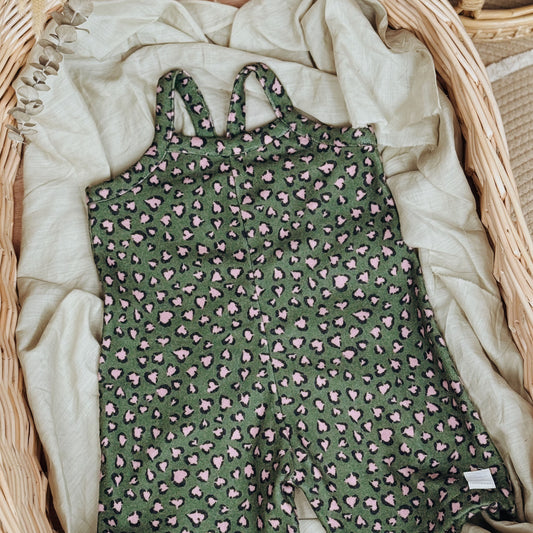 12M-10Y Vintage Green Leopard Print Cotton Suspender Wide-Leg Pants
