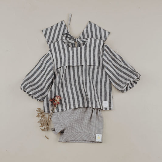1-6Y Bold Strips Linen Sailor Blouse Long Sleeve