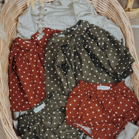 9M-10Y Romantic Polka Dot Brushed Cotton Shirt & Bloomer