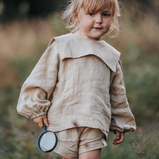 3M-8Y Long Sleeve Plaid Linen Blouse and Shorts