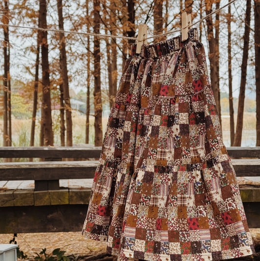 3Y-10Y Patchwork-Style Brown Maxi Skirt – Perfect for Fall and Winter Vibes