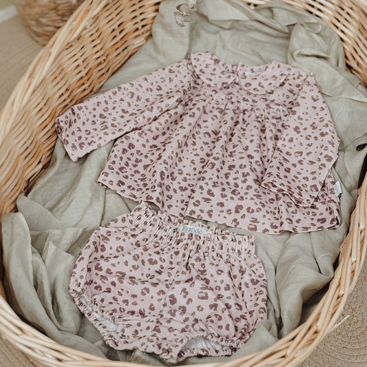 9M-10Y Pink Leopard Print Corduroy Peter Pan Collar Shirt & Bloomer
