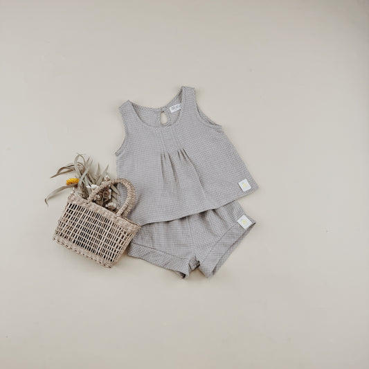 1-8Y Sleeveless Linen small checked sets