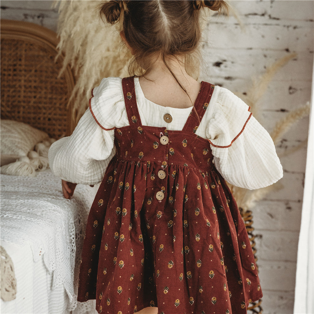12M-8Y Floral Cotton Corduroy Suspender Dress