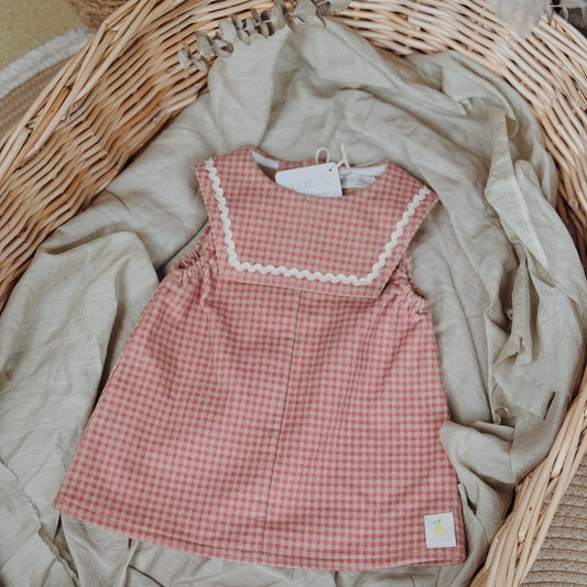 12M-10Y Pink Mini Check Corduroy Vest Dress with Sailor Collar