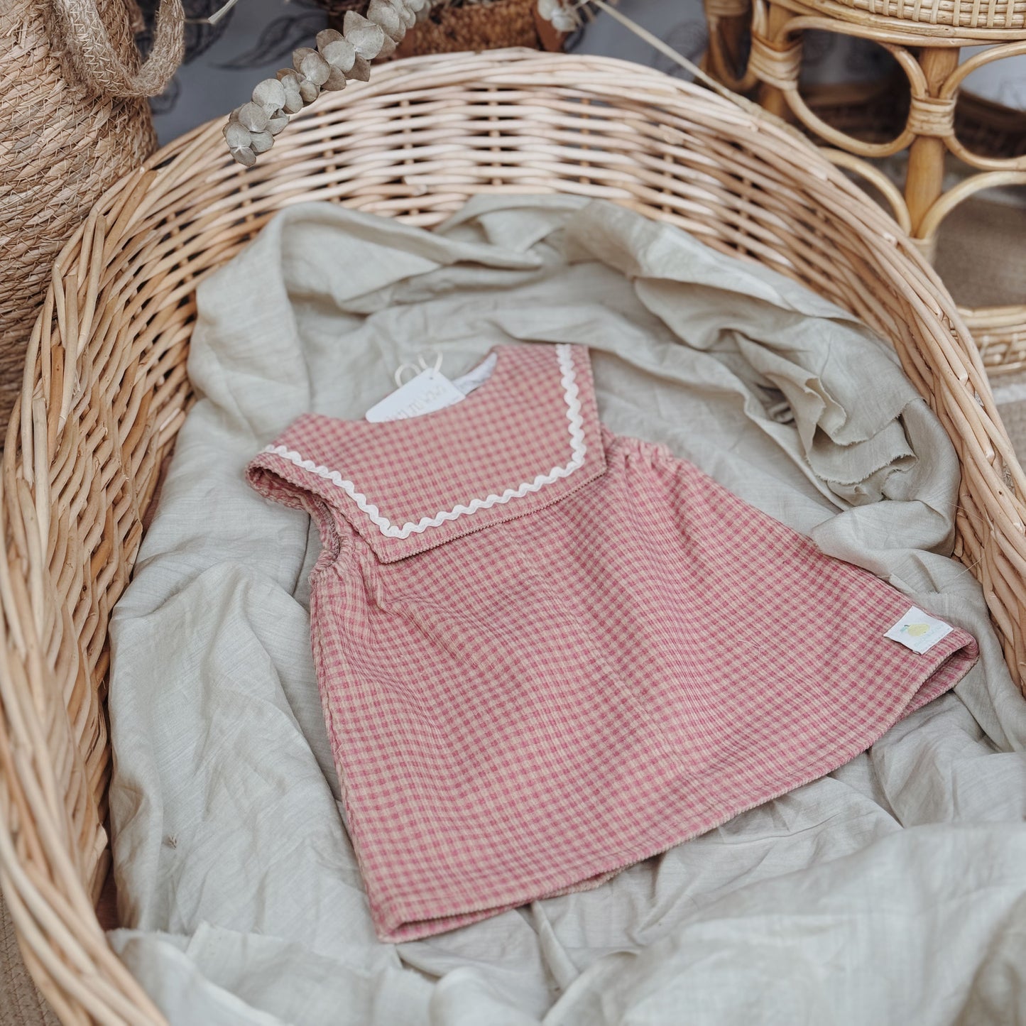 12M-10Y Pink Mini Check Corduroy Vest Dress with Sailor Collar