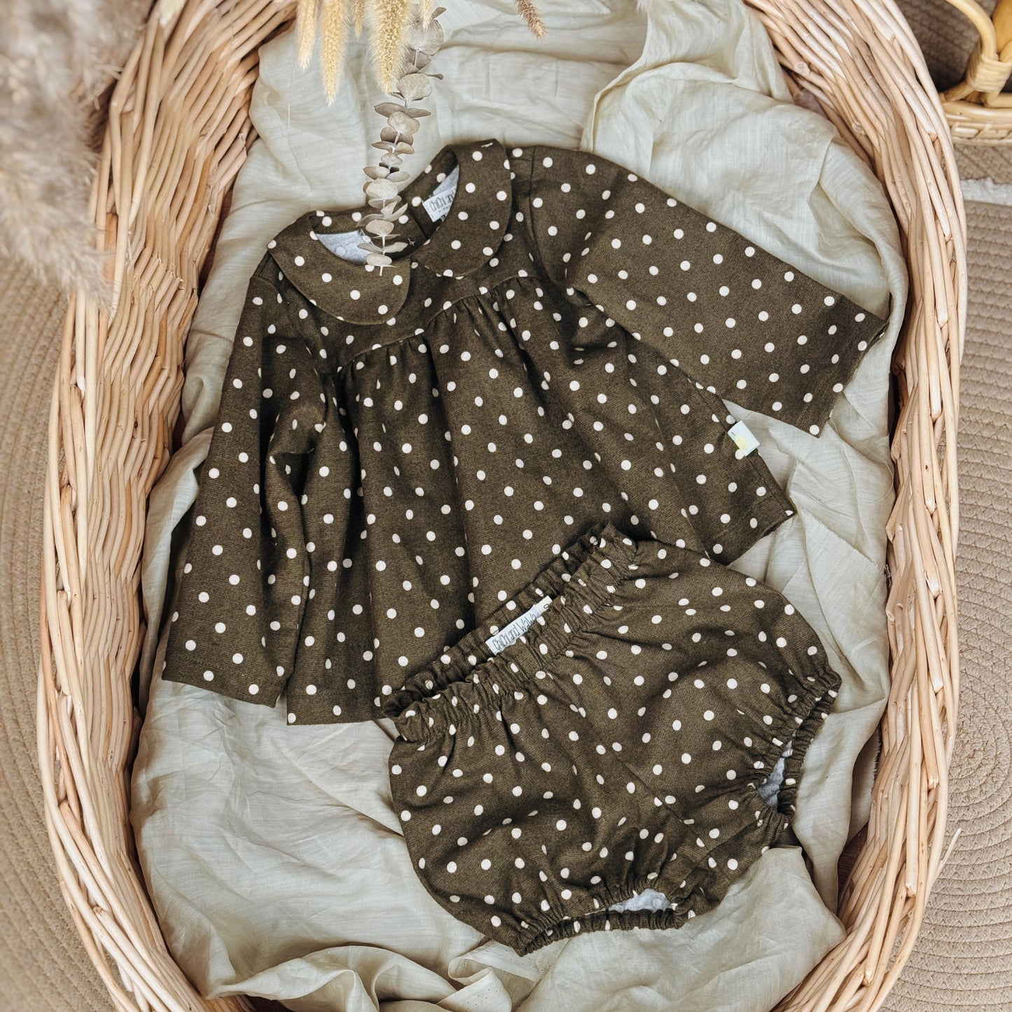 9M-10Y Romantic Polka Dot Brushed Cotton Shirt & Bloomer