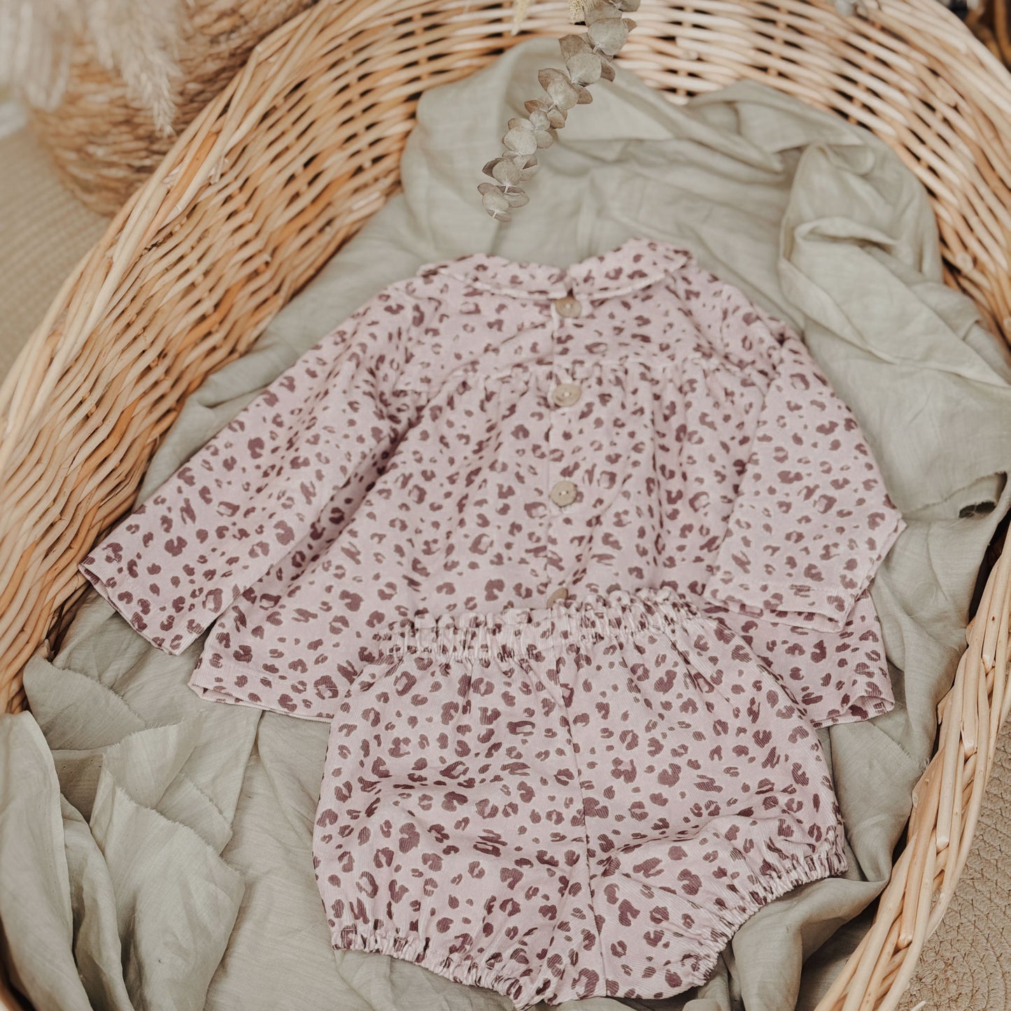 9M-10Y Pink Leopard Print Corduroy Peter Pan Collar Shirt & Bloomer