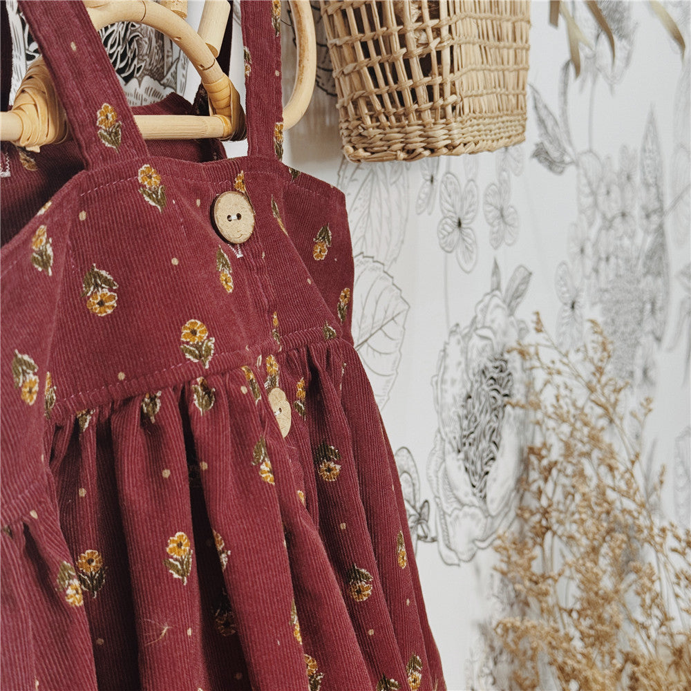 12M-8Y Floral Cotton Corduroy Suspender Dress
