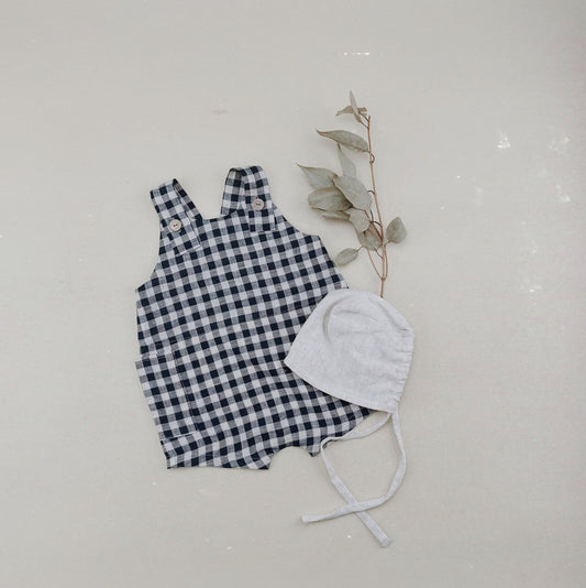 Blue Linen Checked Overalls - Chichi and Wawa