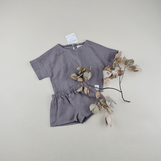 Gray Linen T shirt Shorts Sets - Chichi and Wawa