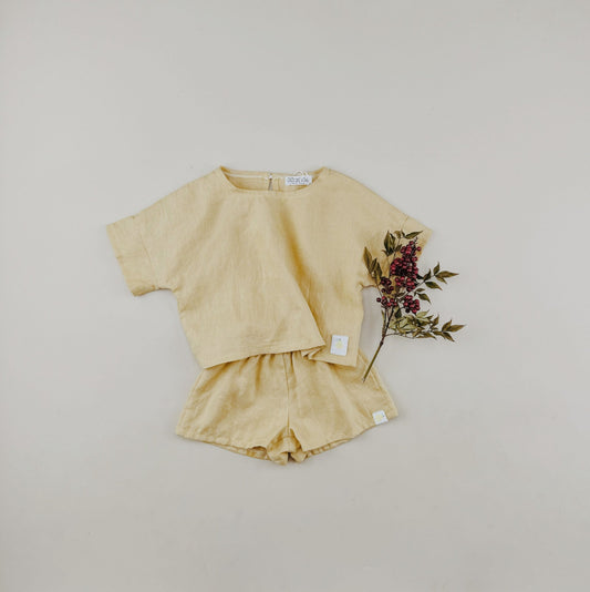 Yellow Linen T shirt Shorts Sets - Chichi and Wawa