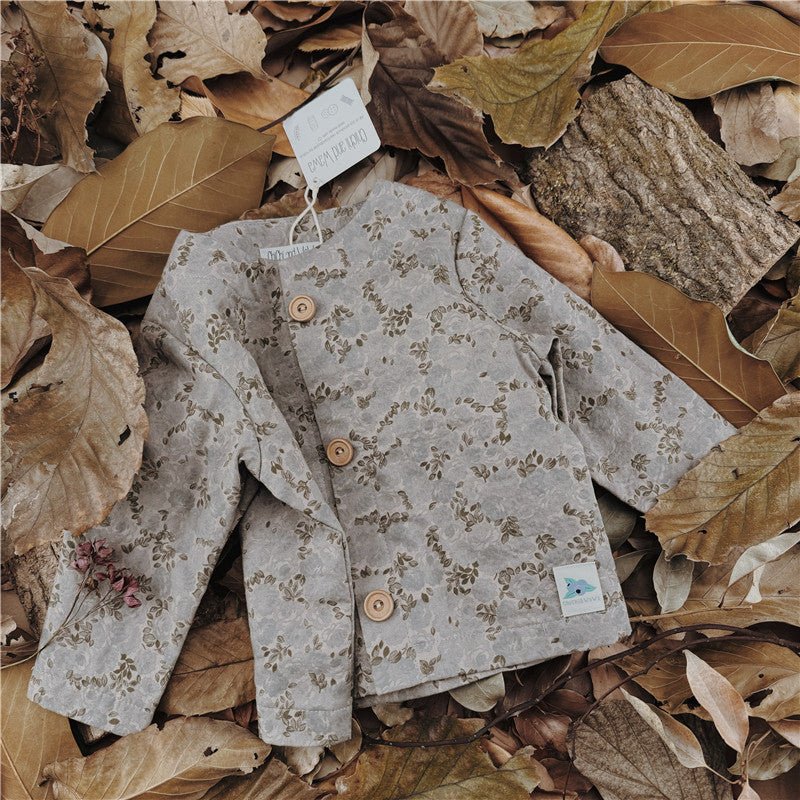 Gray Blue Color Floral Patten Long Sleeve Coat Blouse - Chichi and Wawa