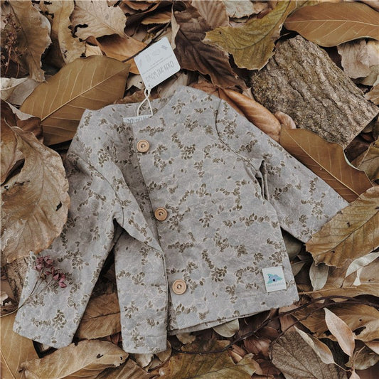 Gray Blue Color Floral Patten Long Sleeve Coat Blouse - Chichi and Wawa