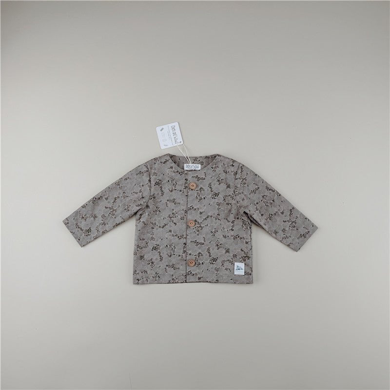 Gray Blue Color Floral Patten Long Sleeve Coat Blouse - Chichi and Wawa